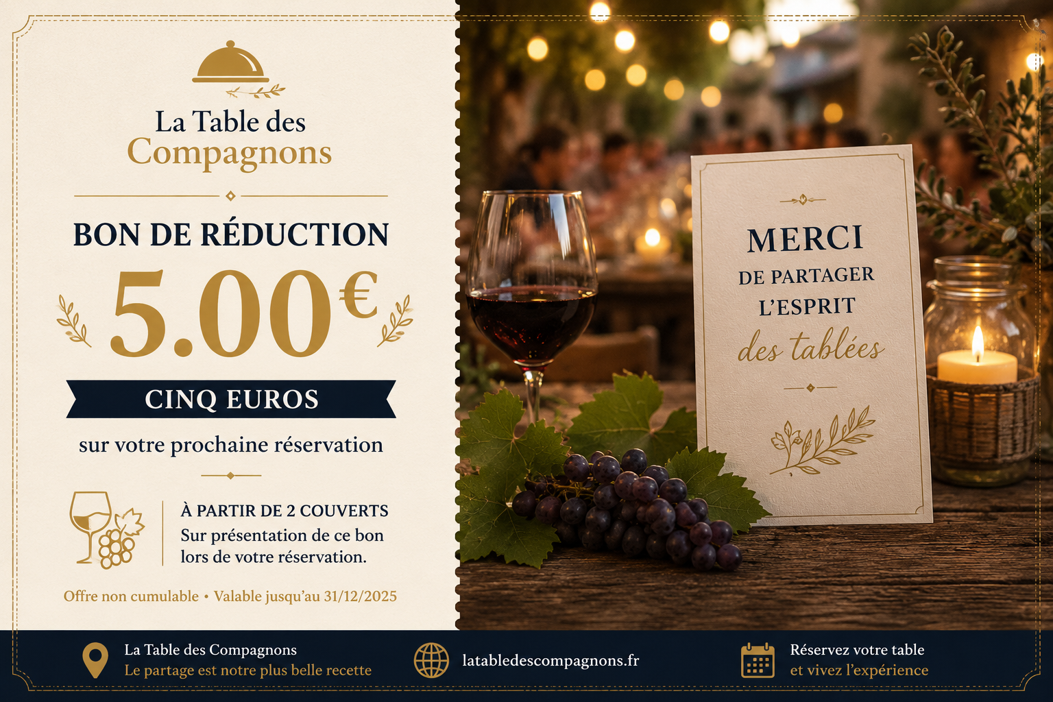 Bon de réduction 5€ - La Table des Compagnons